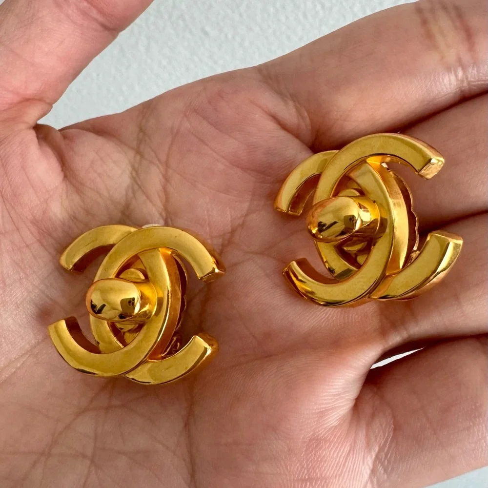 Authentic CHANEL Gold Interlocking CC Earrings